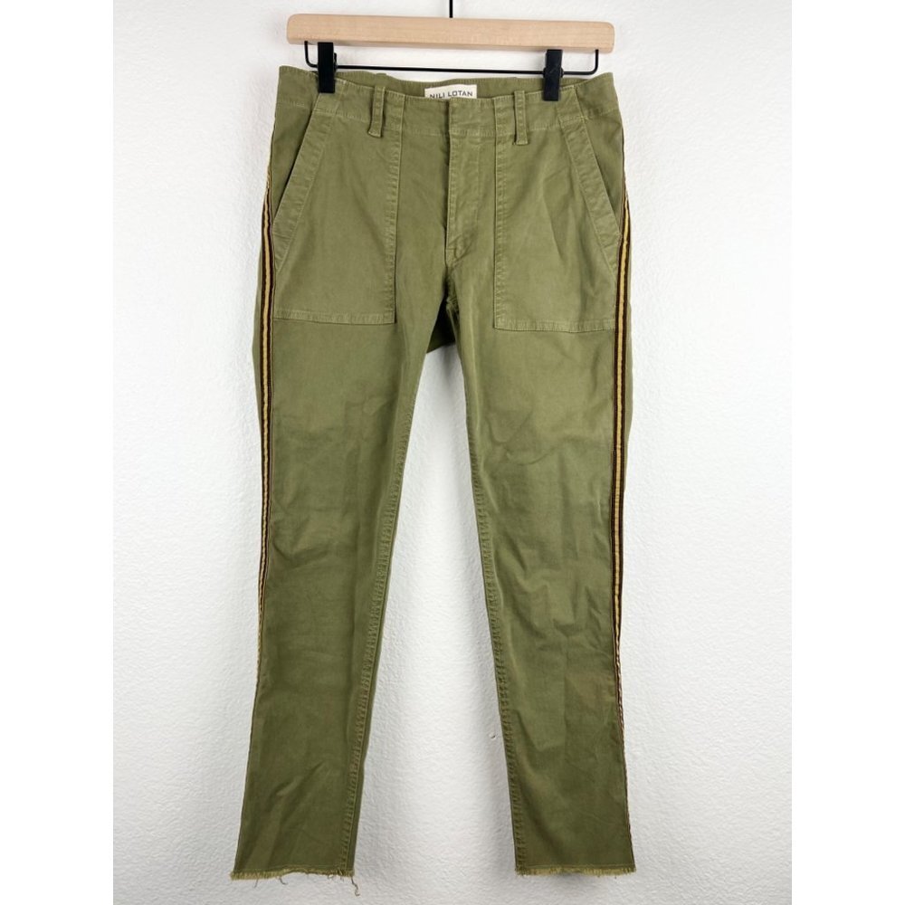 NILI LOTAN Jenna Pant with Tape Khaki Pants, Military Army Olive Green, Size 0